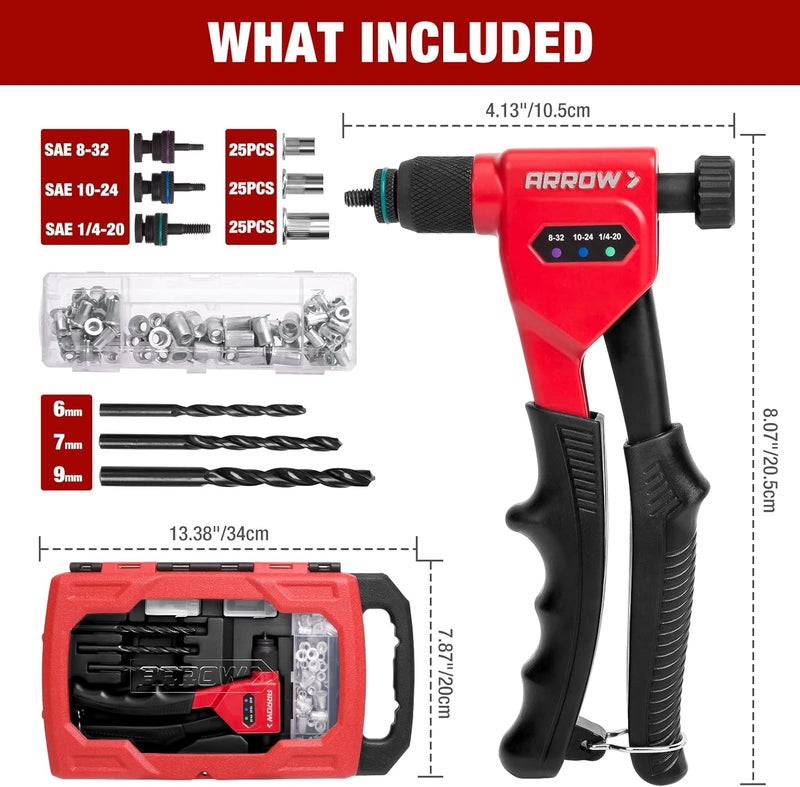 Arrow Fastener Arrow Rivet Nut Tool, 8" Rivet Nut Gun Kit Designed for Tight Space, Rivet Nut Setter with 3 Pcs Mandrels (8-32, 10-24, 1/4-20), 75 Pcs Rivnuts and 3 Pcs Drills, Sturdy Case Packed - Image 3